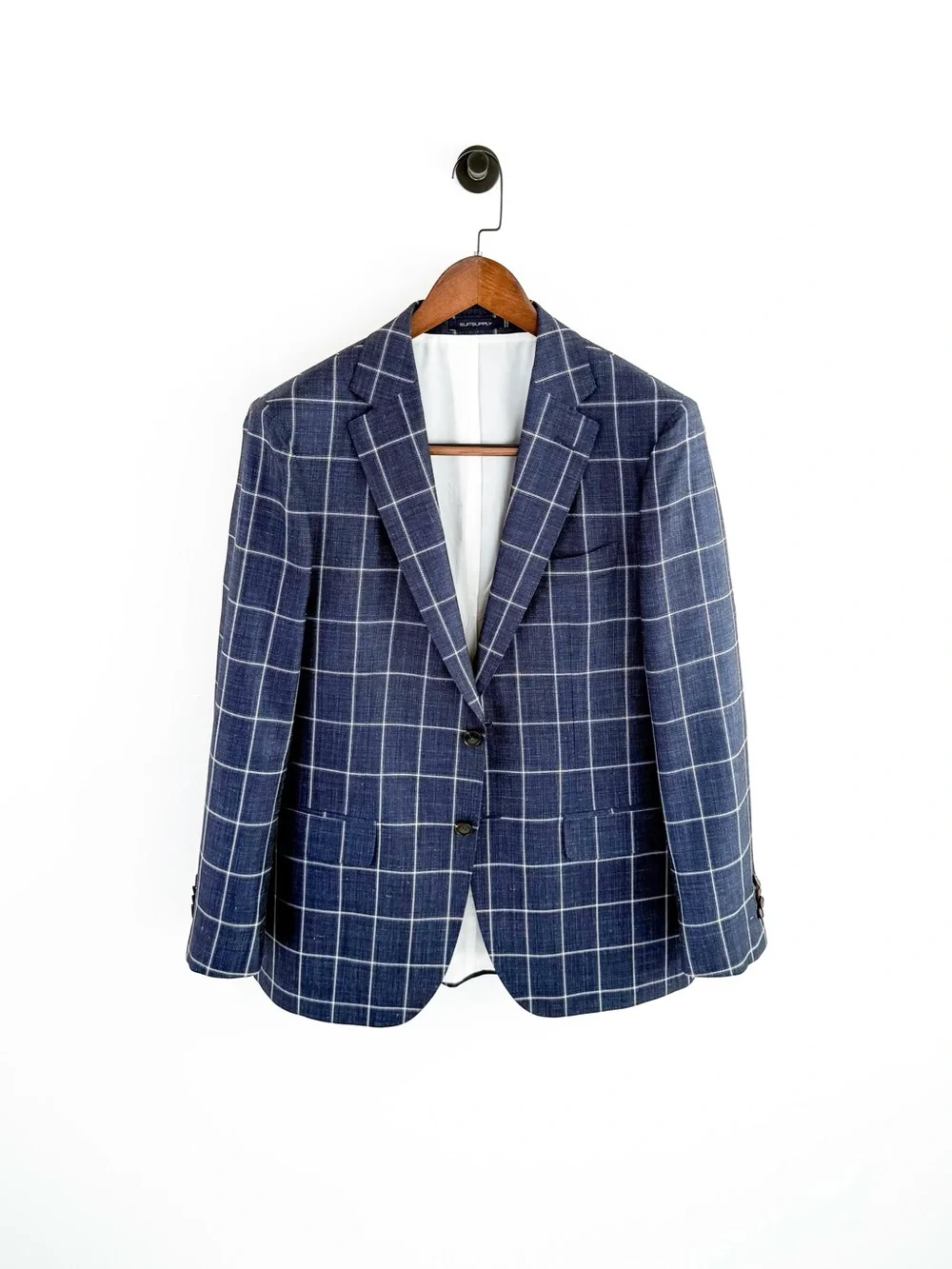 NEW Suitsupply Sienna Men's Blue Windowpane Suit Silk Wool Linen Blue White 40R